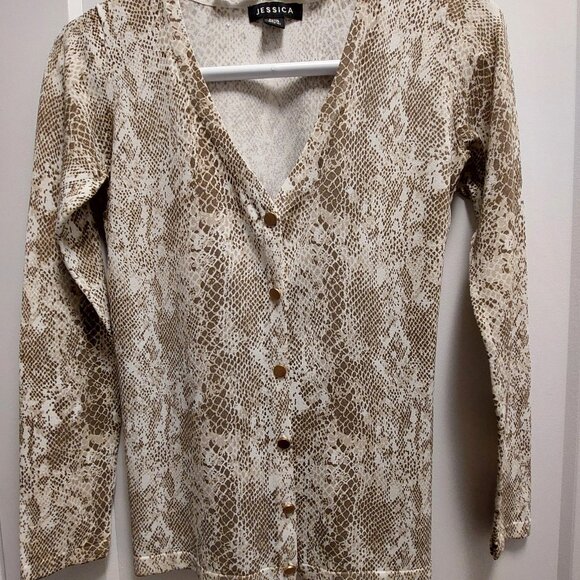 JESSICA Petite Women's Cream/Taupe Snakeskin Print Button Down L/S Cardigan XS - Picture 10 of 13